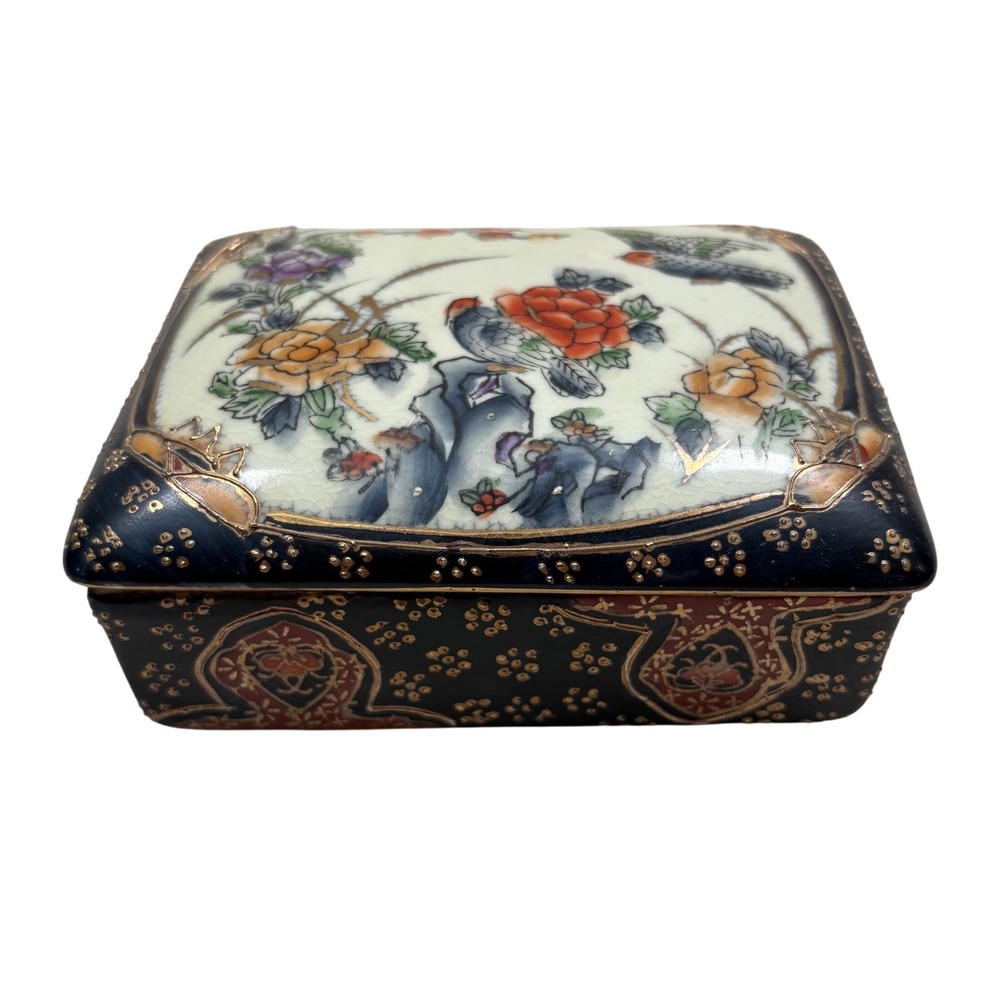 Vintage Satsuma Style Porcelain Trinket Box Birds Flowers Gold Accents China